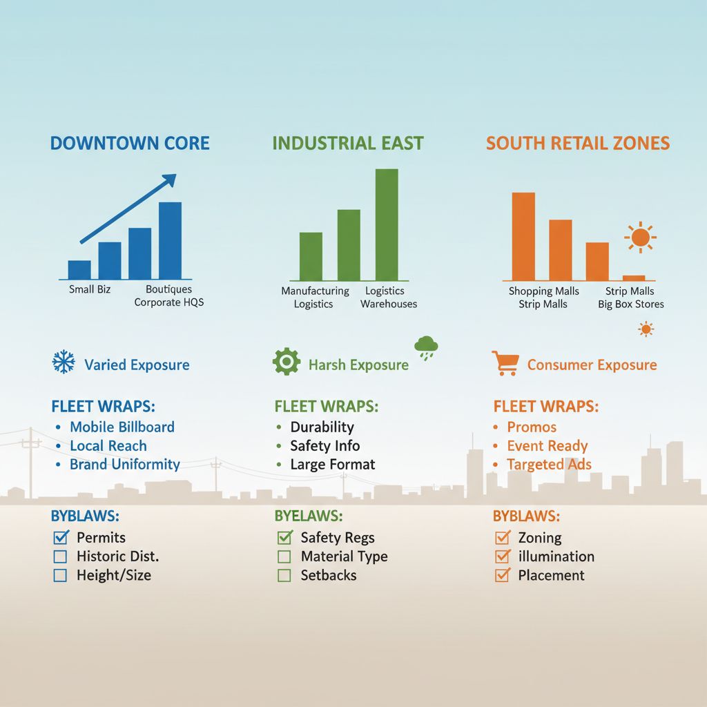 Infographic comparing signage needs in Regina's downtown core, industrial east, and south retail zones with icons, charts, and minimal labels.