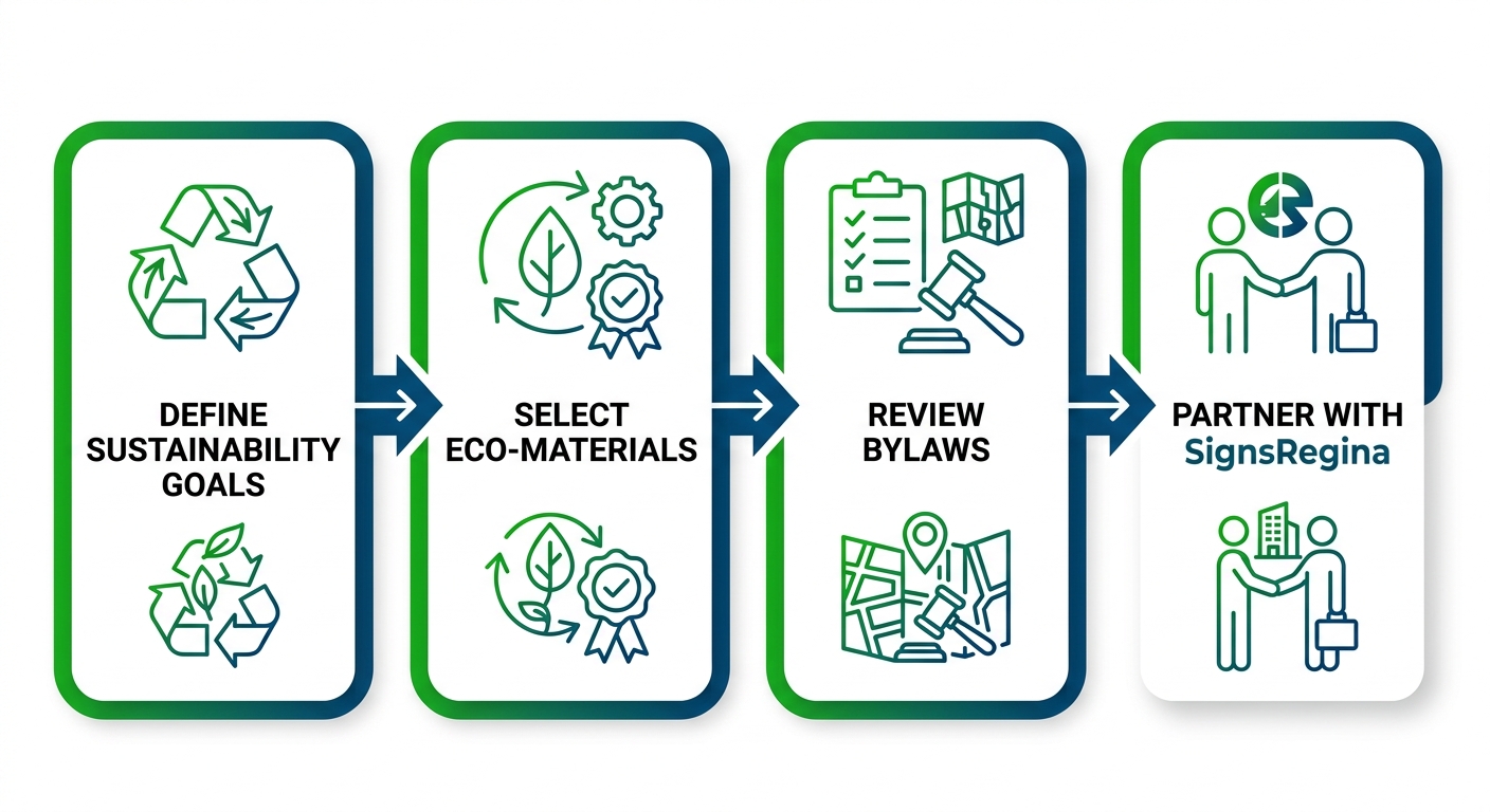 Horizontal four-step process diagram showing the sequence for planning sustainable signage in Regina, with steps labeled from defining goals to partnering with SignsRegina, using green-to-blue gradients and line-art icons.