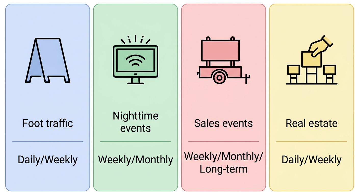 A four-column comparison infographic of portable sign types available for rent across Regina and Saskatchewan: A-Frame Sidewalk Sign, Digital Portable LED Sign, Mini Billboards Trailers, and Yard Signs with Stakes, each with best-use labels and typical rental durations