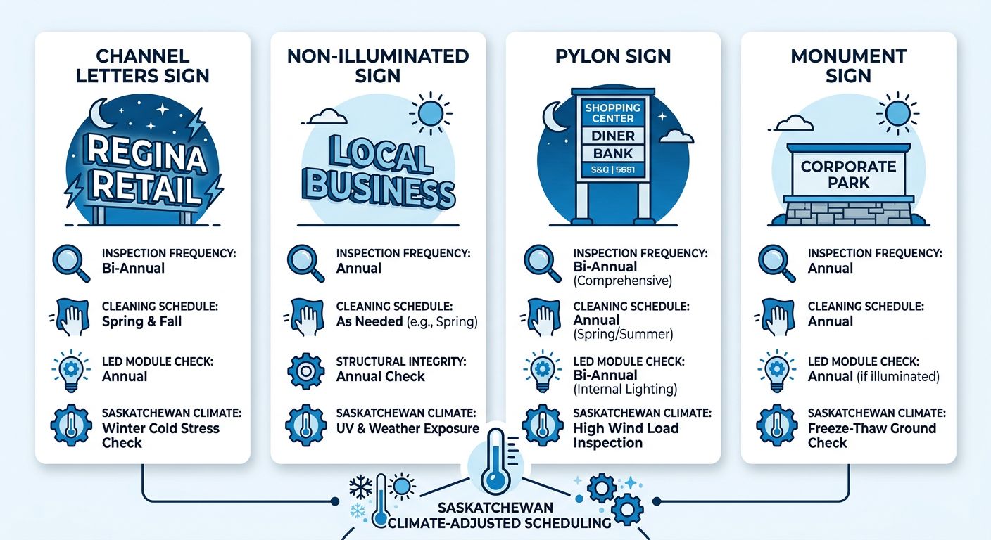 Infographic showing sign maintenance schedule for channel letters, non-illuminated signs, pylon signs, and monument signs with icons for inspection, cleaning, and LED check, professional blue and white palette.