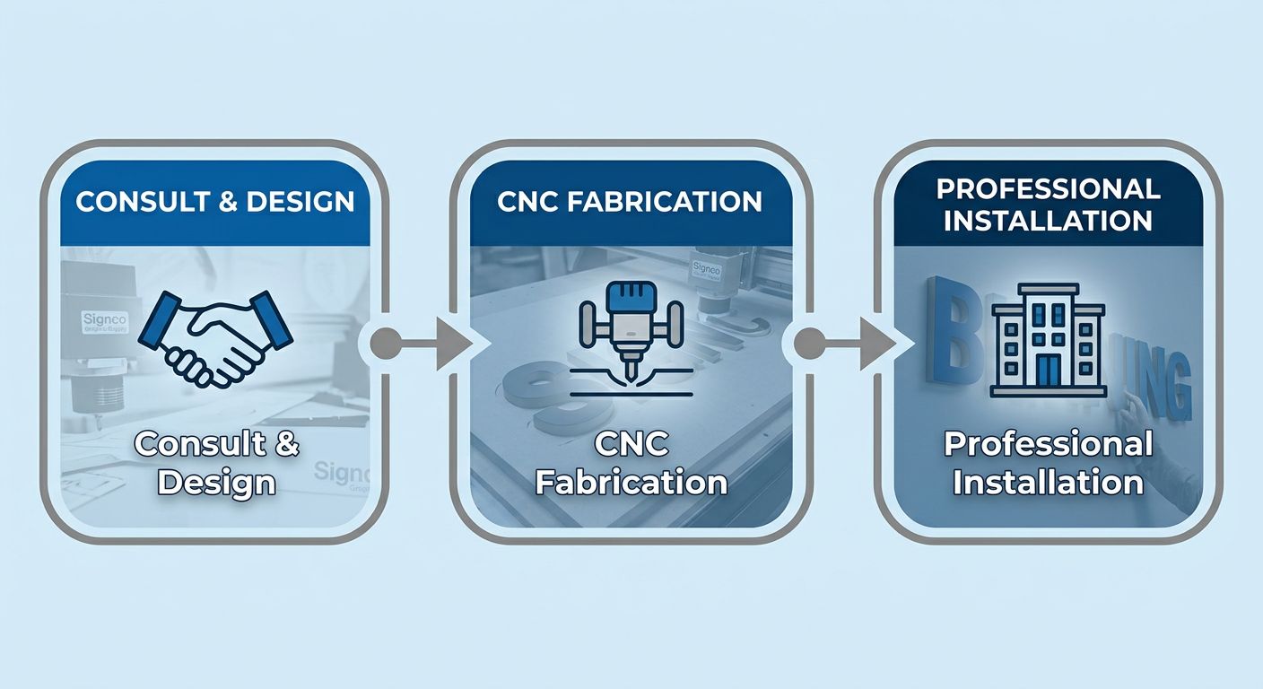 Horizontal process flow diagram showing three stages of 3D dimensional lettering: Consultation & Design, CNC Fabrication, and Professional Installation, with icons and arrows connecting them, using blue and gray color scheme.