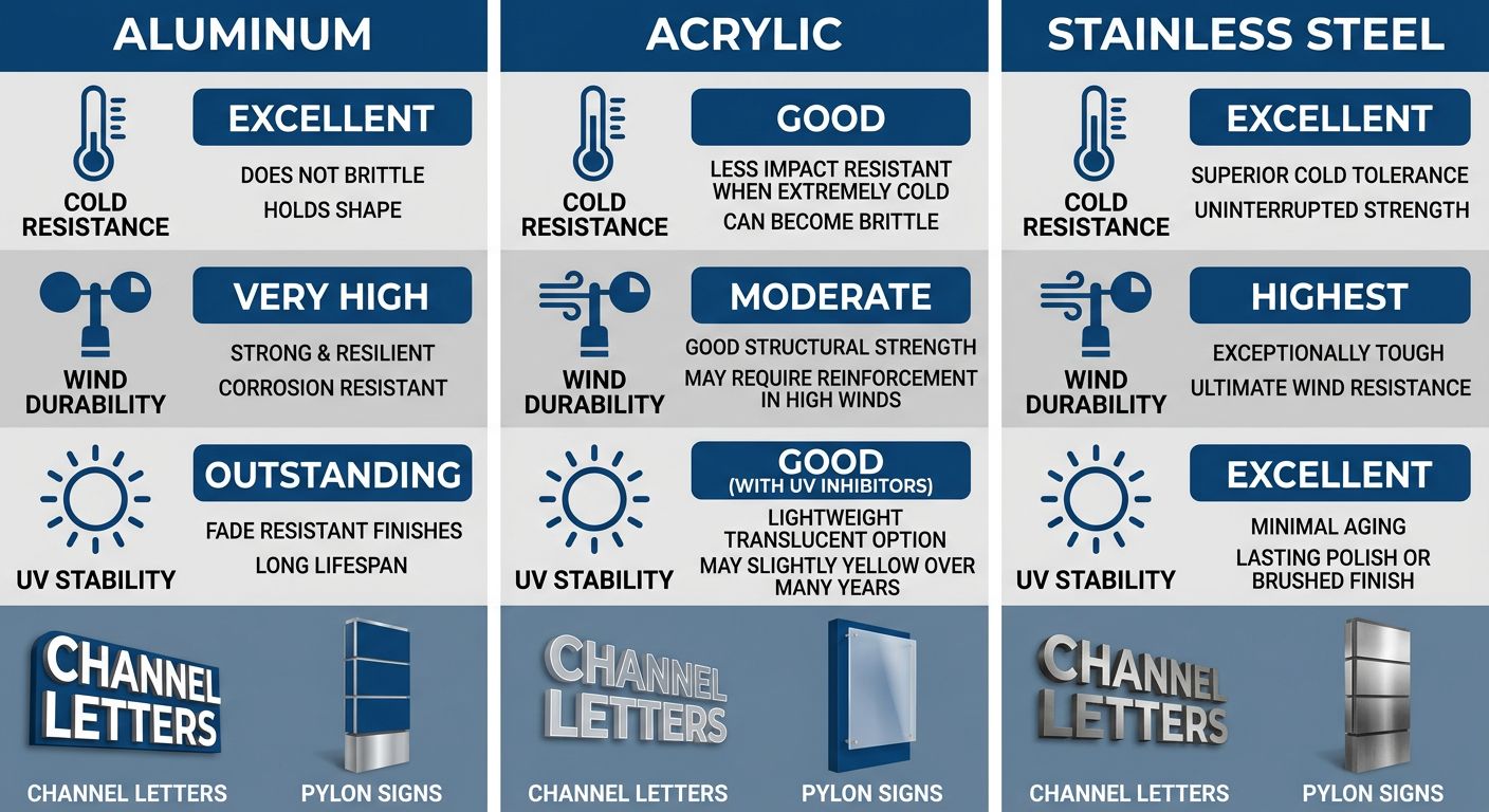 Infographic comparing three weather-resistant materials for outdoor signs: aluminum, acrylic, and stainless steel, with icons indicating cold resistance, wind durability, and UV stability.