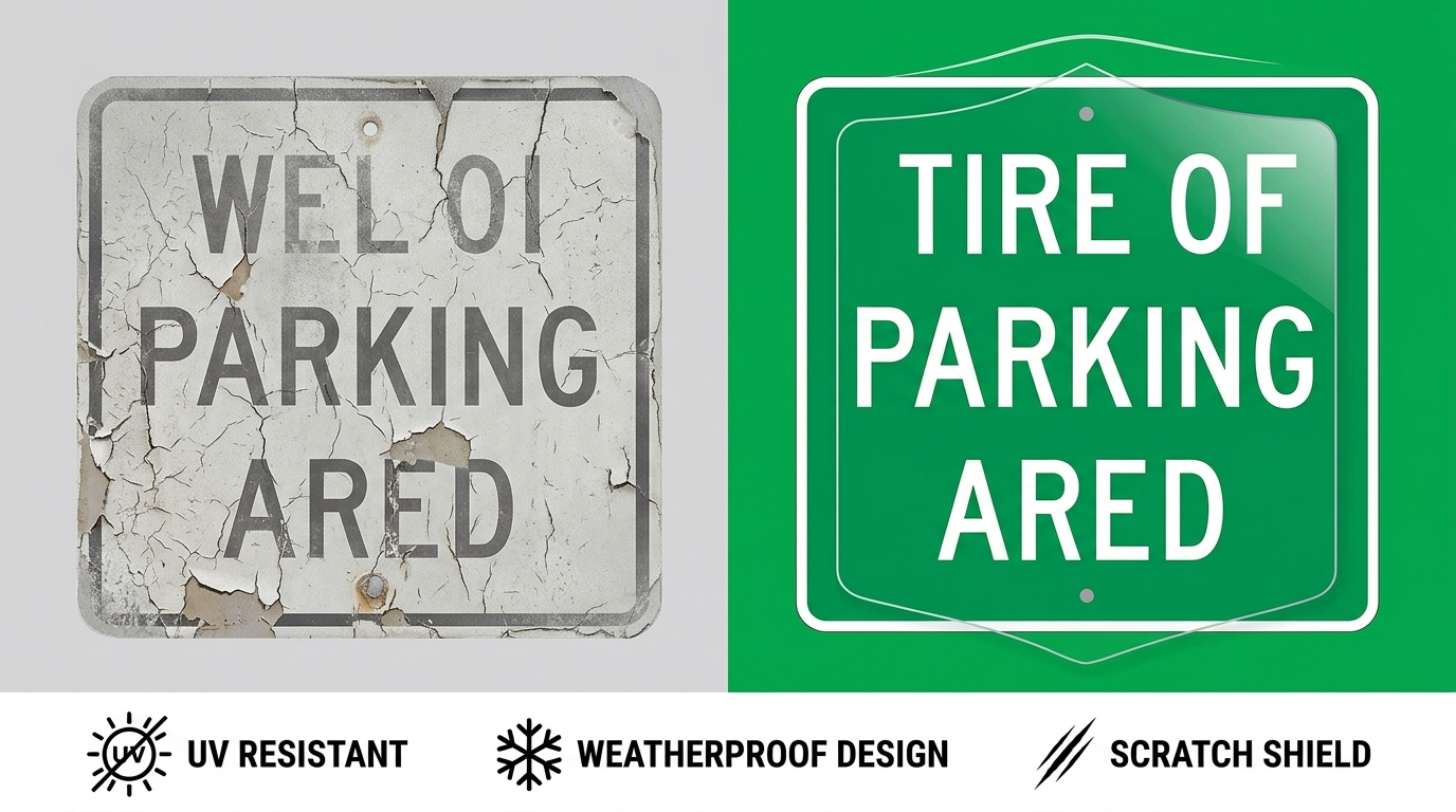 Side-by-side comparison infographic showing a faded, cracked sign without UV protection on the left and a vibrant sign with a UV shield overlay on the right, with icons for UV ray blocking, cold-weather resilience, and scratch resistance along the bottom.