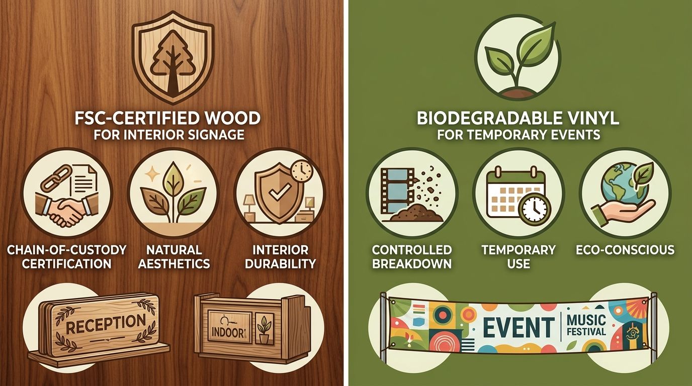 Comparison infographic: FSC-certified wood for interior signage versus biodegradable vinyl for temporary promotional banners, side-by-side with sustainability icons