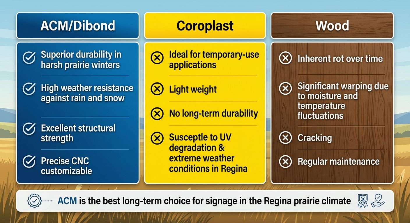 Infographic comparing ACM/Dibond, coroplast, and wood sign materials for Saskatchewan storefronts