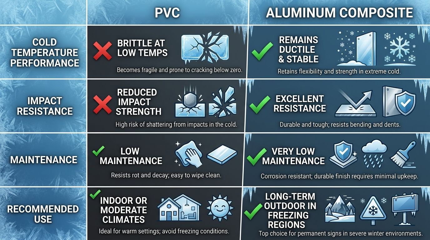 Comparison infographic of PVC and aluminum composite panels for outdoor signs in cold climates, showing four performance categories with checkmark and cross indicators.