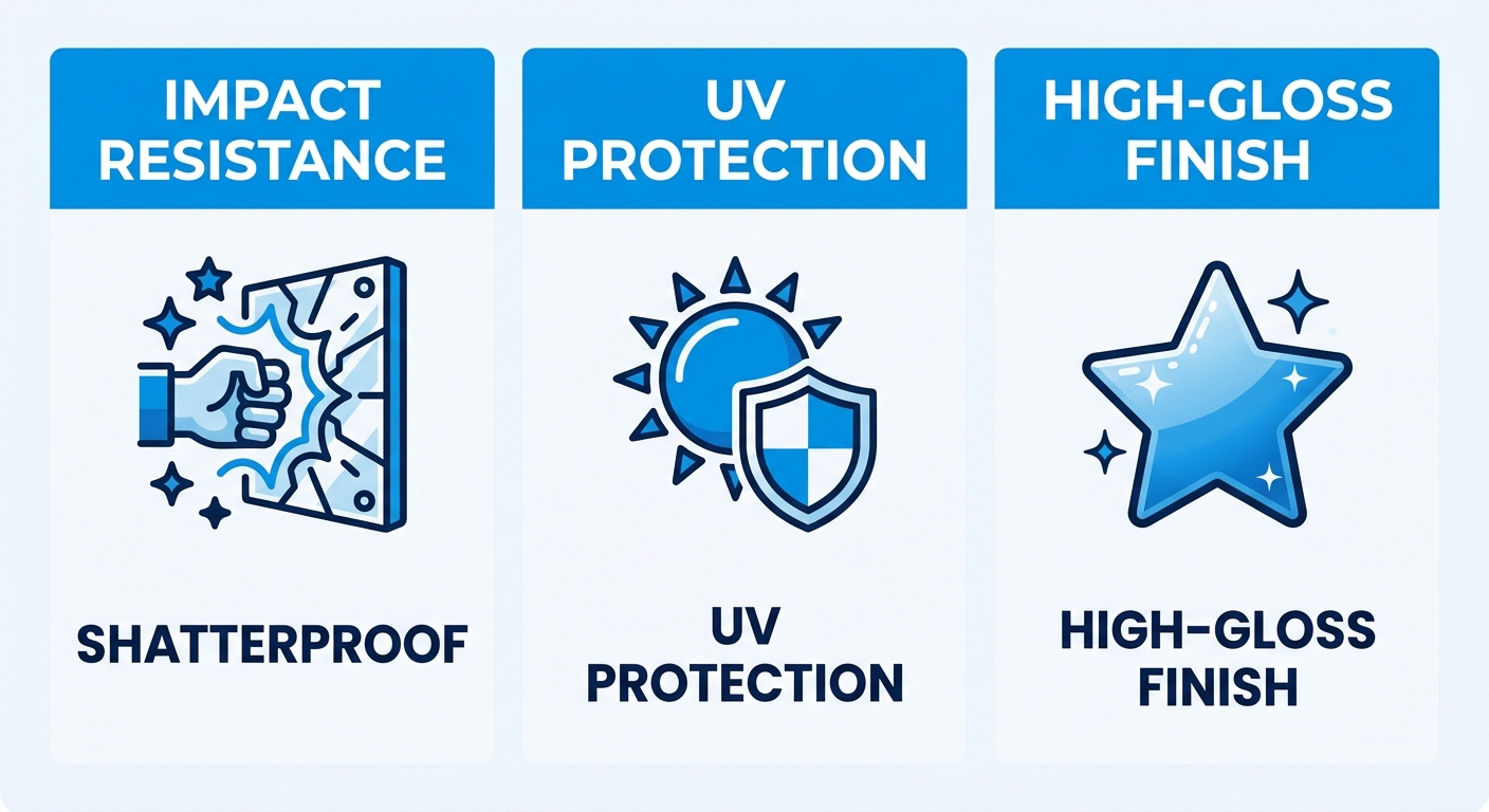 Infographic comparing three key properties of acrylic storefront signs: impact resistance, UV protection, and high-gloss finish