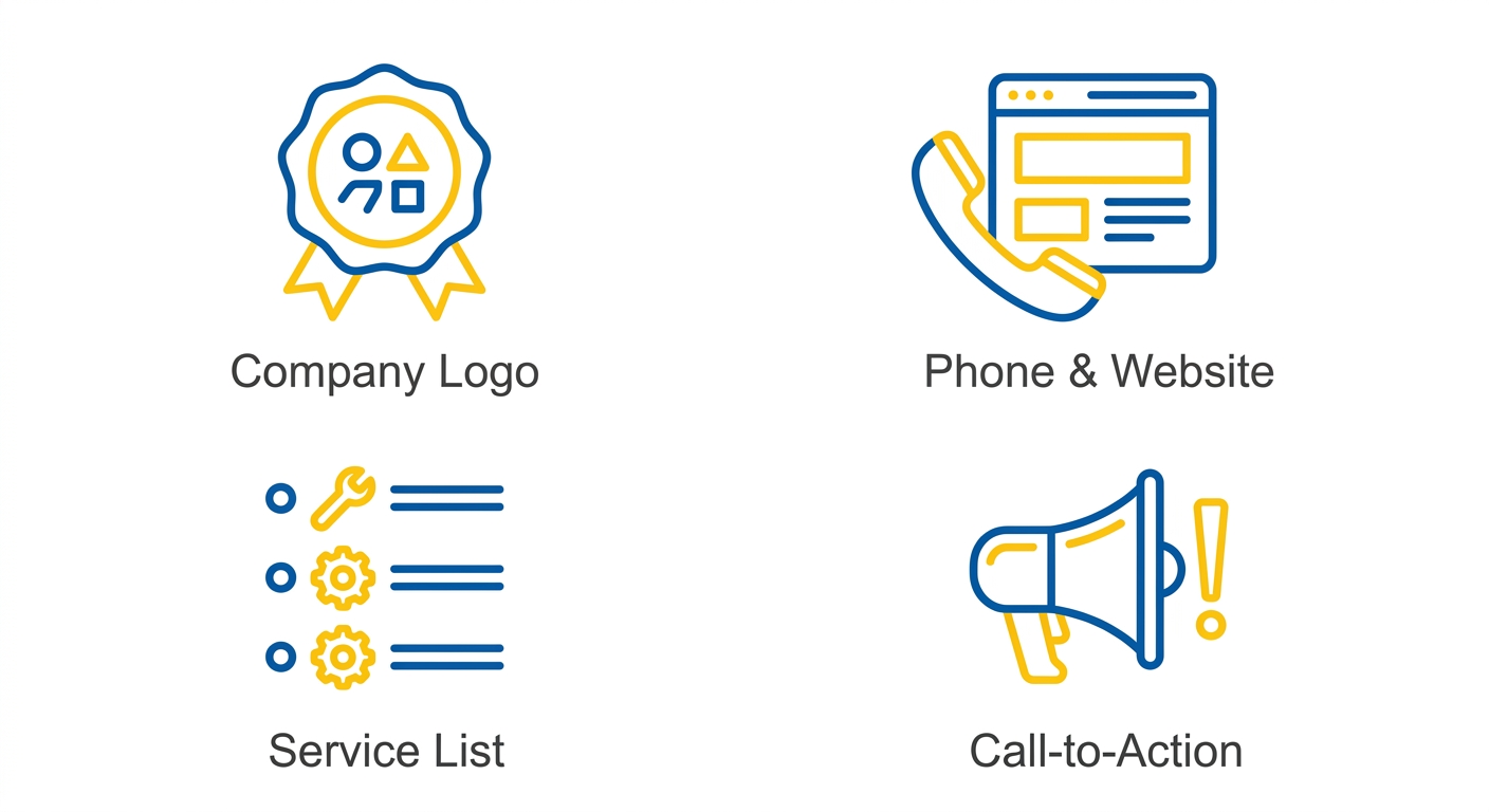 Flat icon set showing a logo badge, phone and browser, a wrench and gear bullet list, and a megaphone with an exclamation mark on a white background