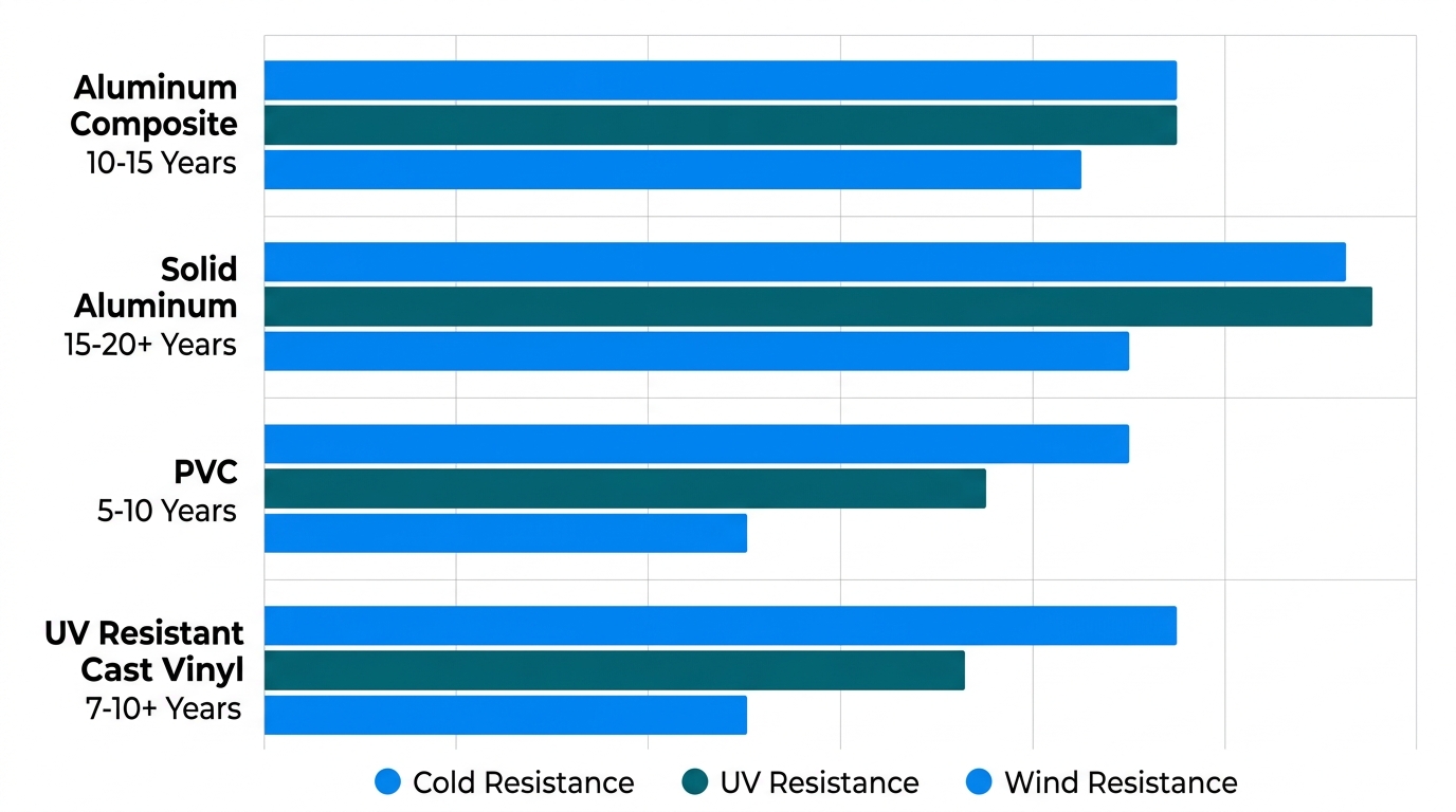Horizontal grouped bar chart comparing four outdoor sign materials across cold resistance, UV resistance, wind resistance, and typical lifespan in Saskatchewan