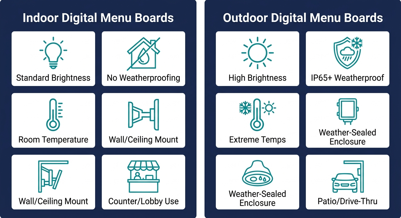 Side-by-side infographic comparing indoor and outdoor digital menu boards with teal line icons on a navy grid