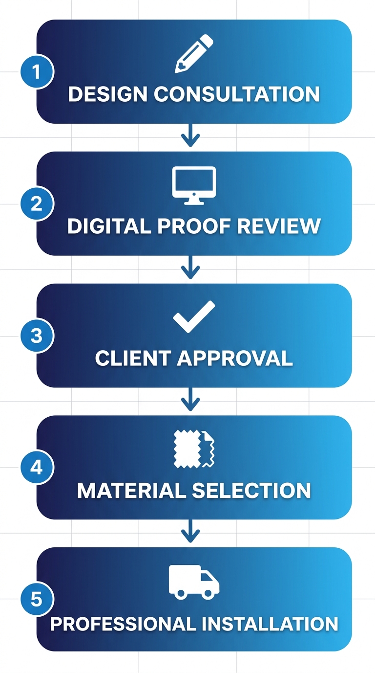 Vertical process flow diagram of custom vinyl decal ordering steps for a Regina sign company