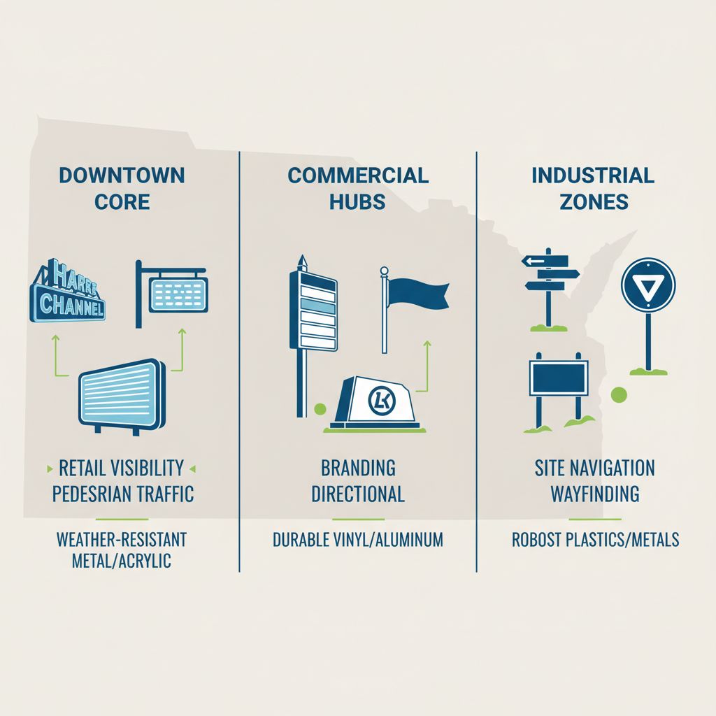 Infographic depicting signage requirements in Regina's Downtown Core, Commercial Hubs, and Industrial Zones with icons and brief notes on uses and materials.
