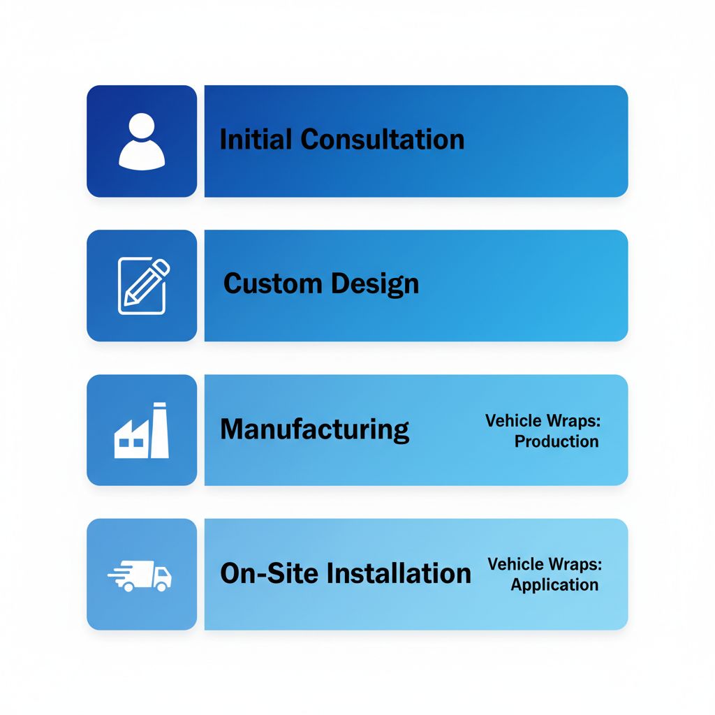 Vertical process flow diagram illustrating the five steps to order custom signs in Regina, including consultation, design, permits, manufacturing, and installation.