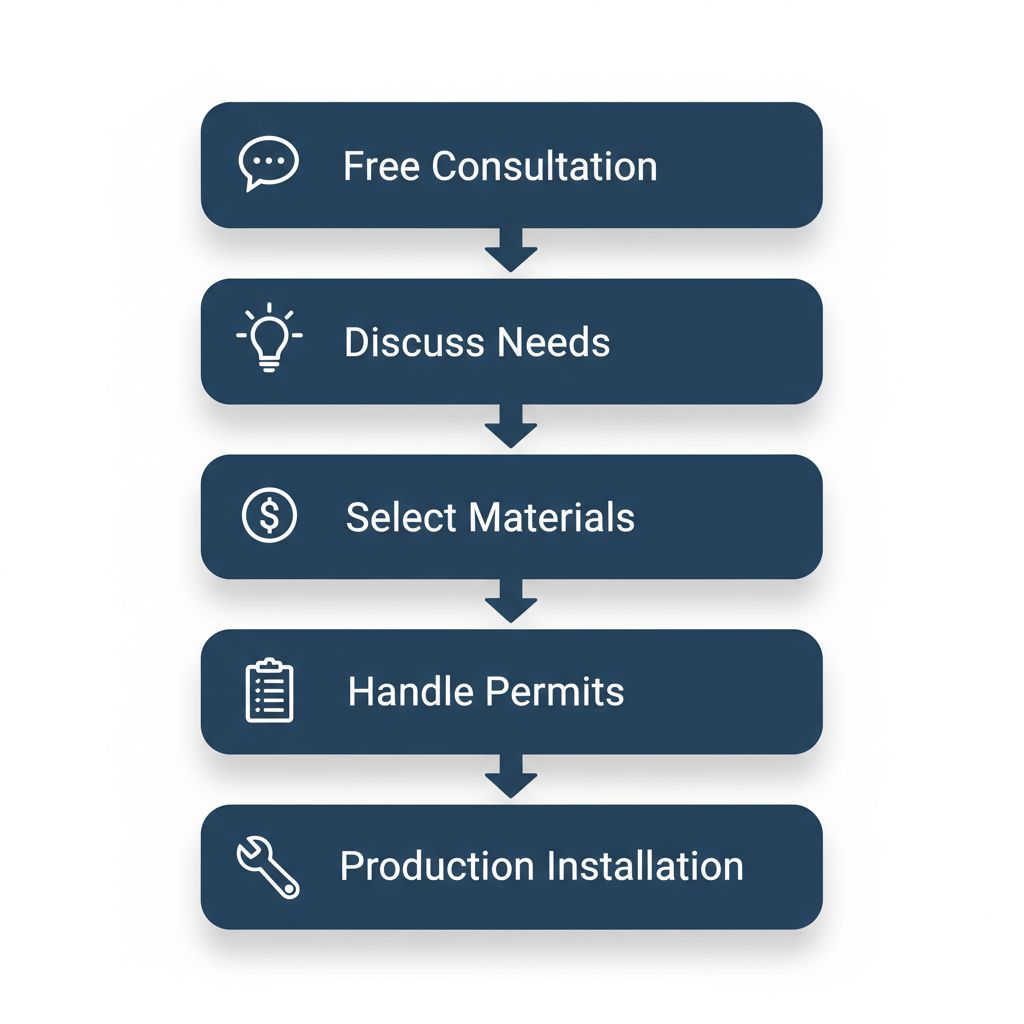 Vertical process flow diagram illustrating five steps for custom signs in Regina: consultation, design discussion, material selection, permit handling, and installation.