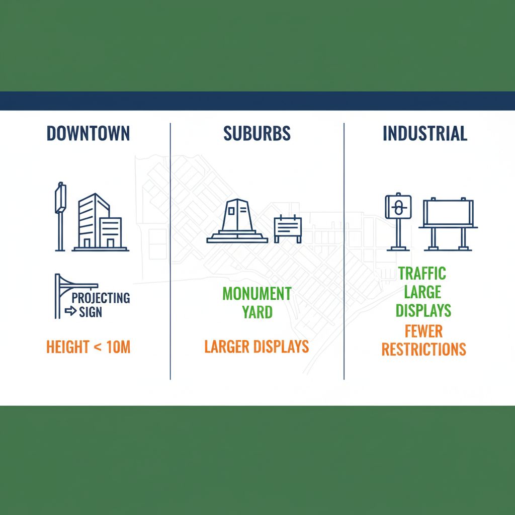 Infographic comparing signage options and restrictions across Downtown, Suburbs, and Industrial areas in Regina