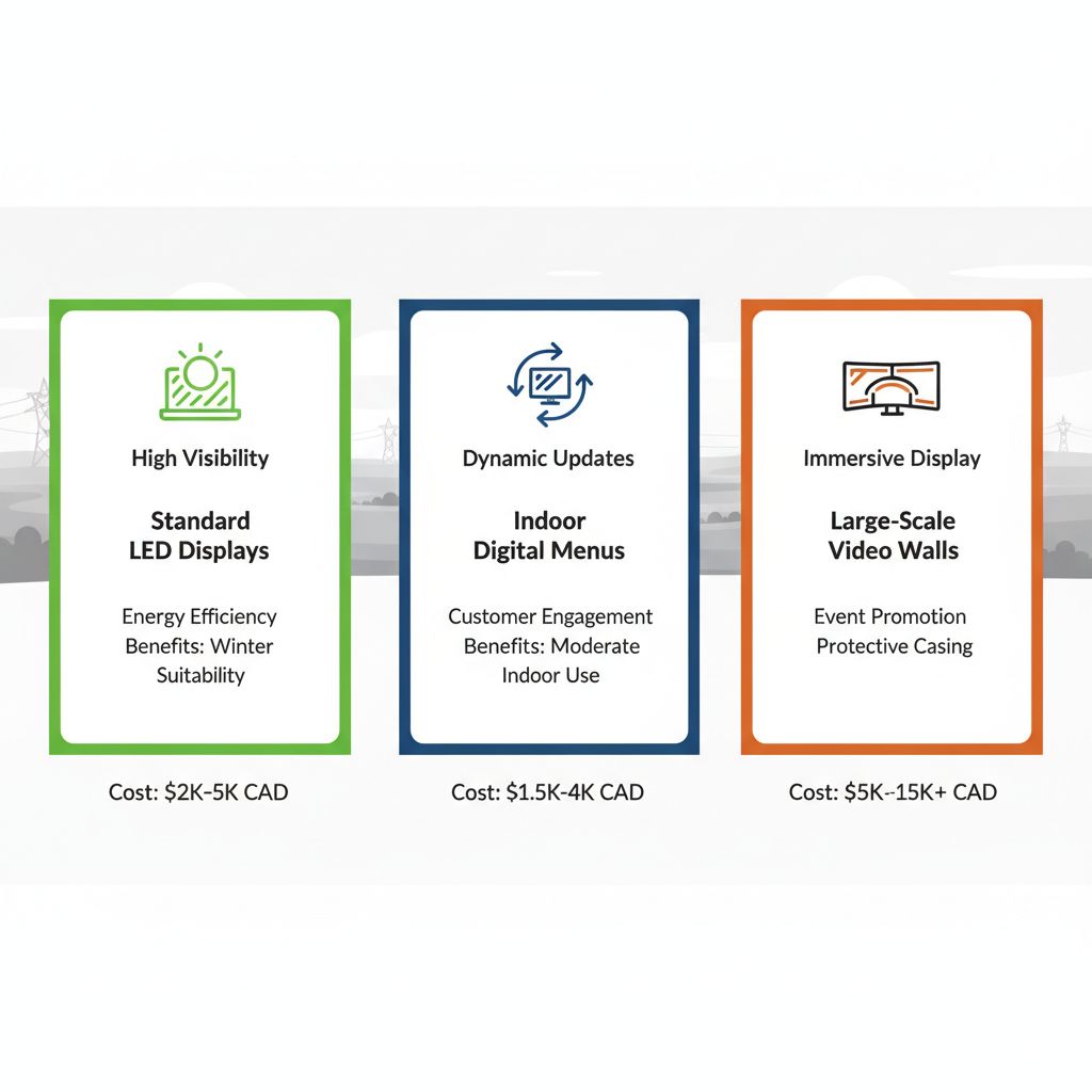 Infographic comparing three digital signage types for Regina businesses: LED displays, indoor menus, and video walls with costs and benefits.
