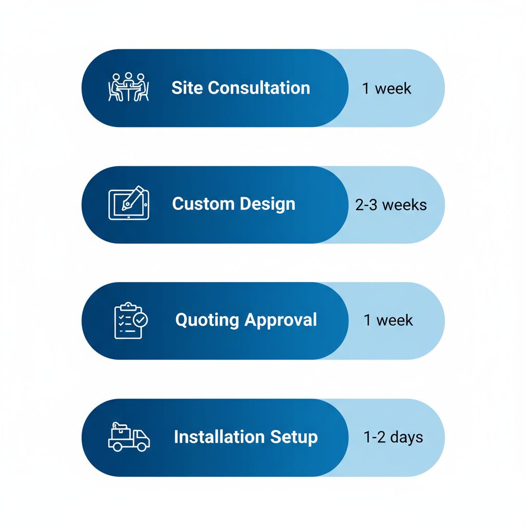 Vertical process flow diagram showing four steps for implementing digital signage: consultation, design, quoting, and installation.