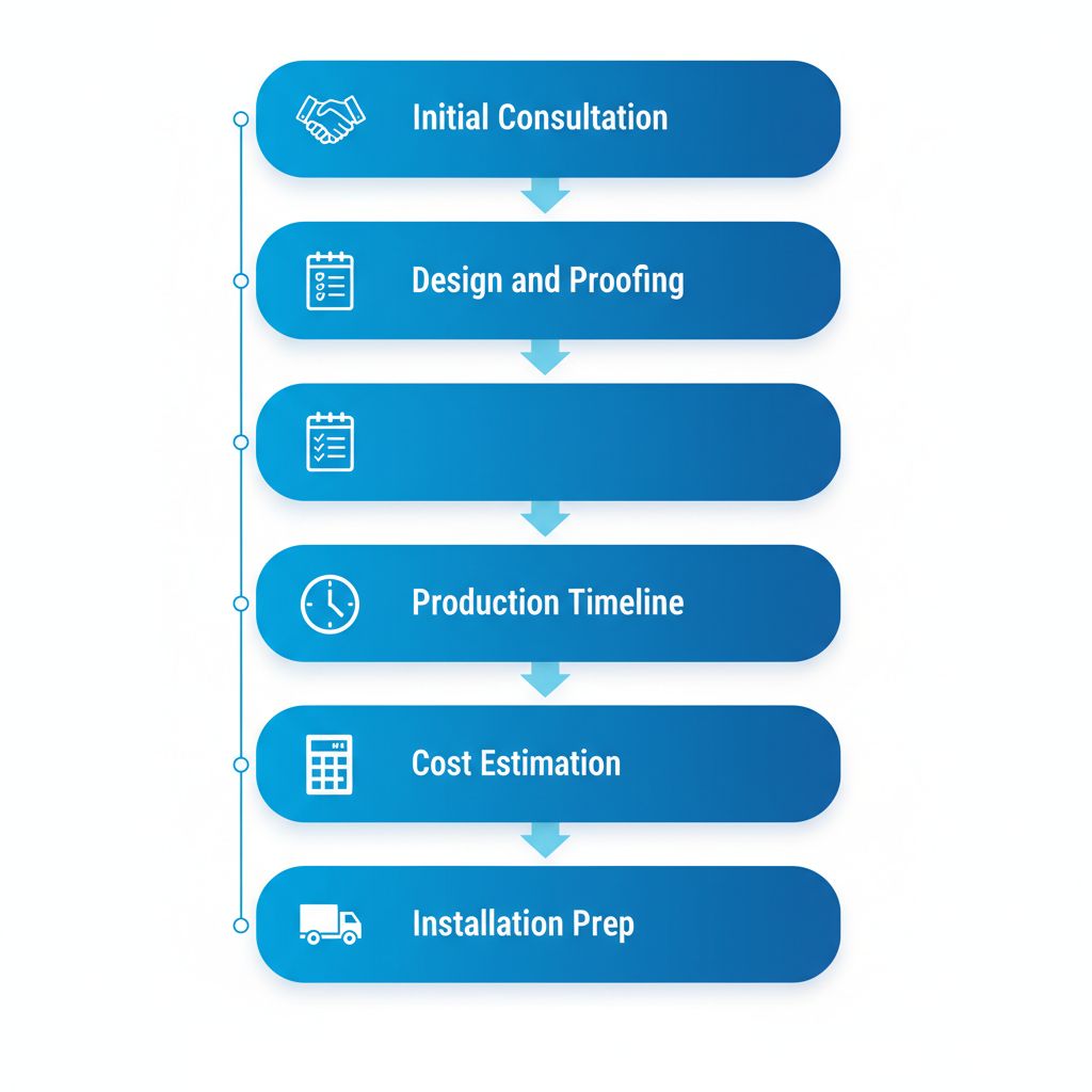 Vertical process flow diagram illustrating five steps to start a sign project in Regina with icons for each stage