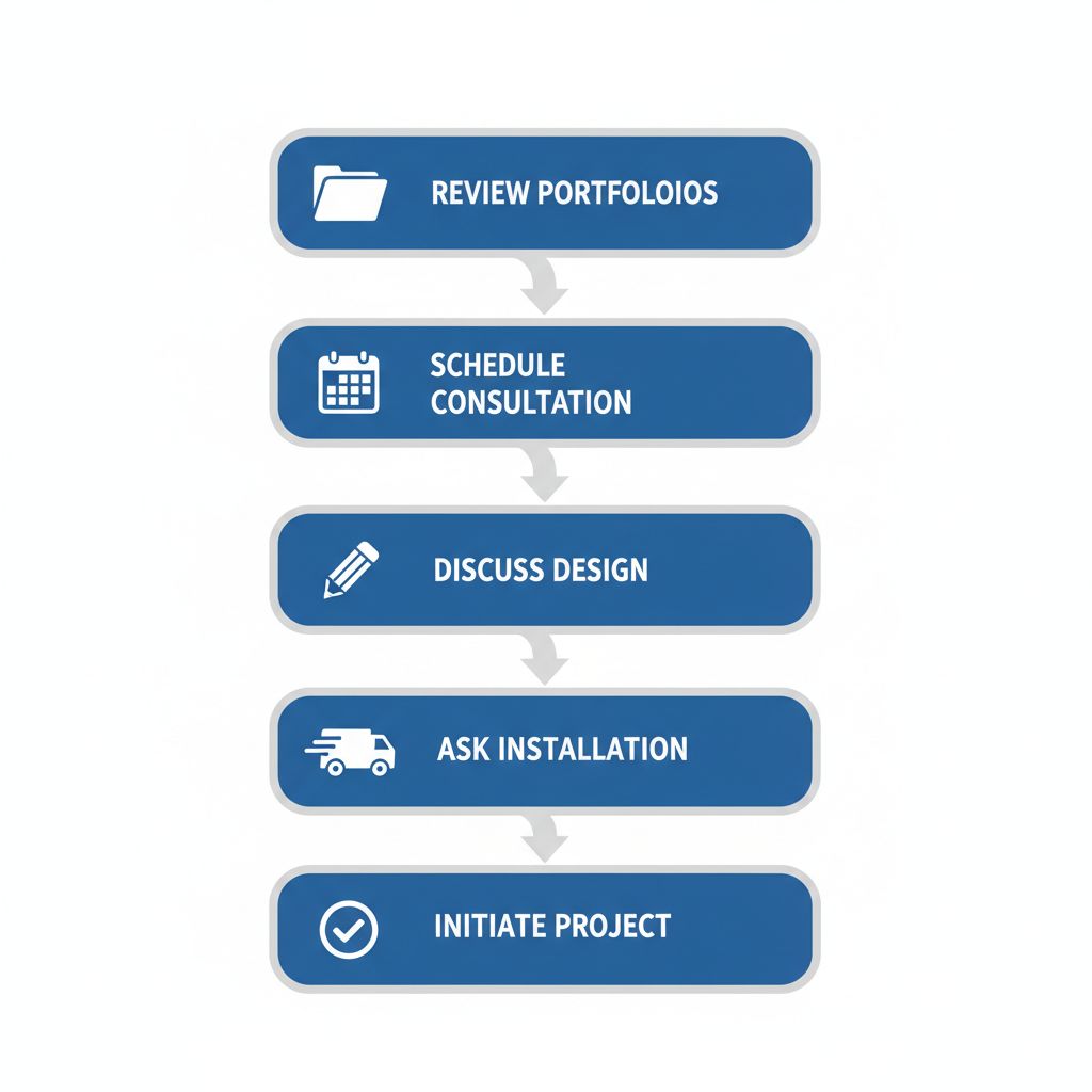 Vertical process flow diagram illustrating five steps to engage sign companies in Regina: review portfolios, schedule consultation, discuss design and budget, inquire about installation and timelines, and initiate the project.