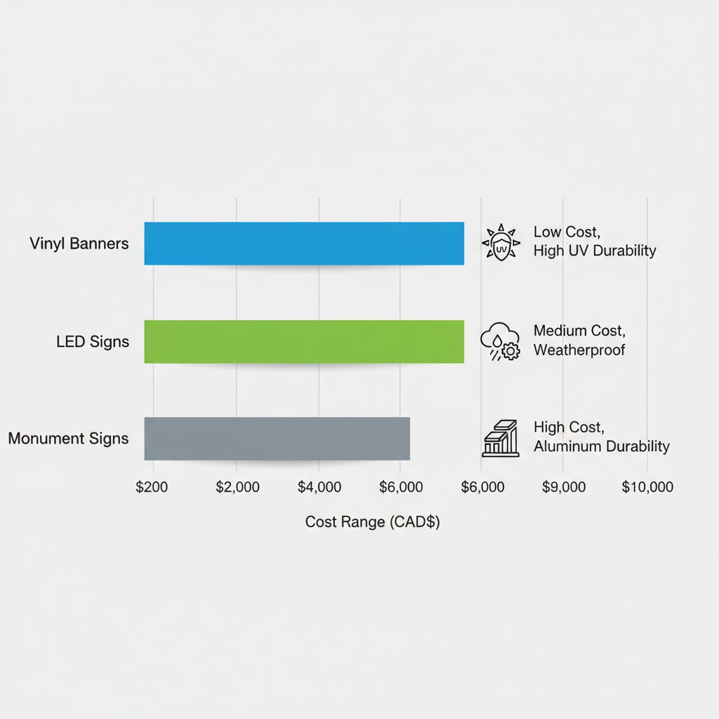 Horizontal bar chart comparing cost ranges for common sign types in Regina: Vinyl Banners in blue, LED Signs in green, Monument Signs in gray, with icons for durability and uses.