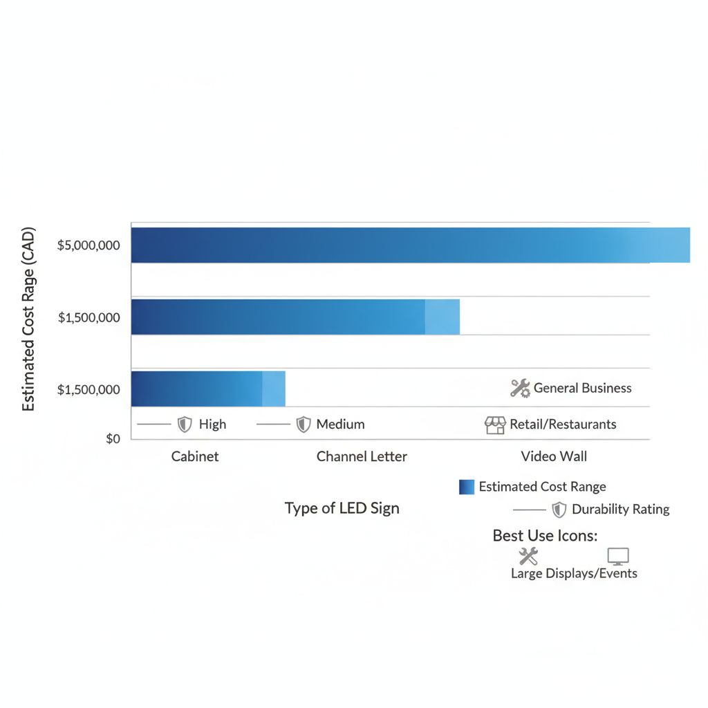Horizontal bar chart comparing costs and durability of Cabinet, Channel Letter, and Video Wall LED signs for Regina businesses