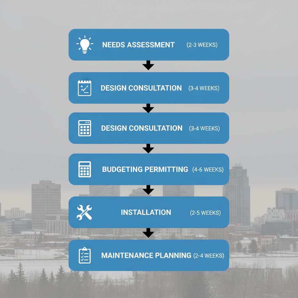 Vertical process flow diagram illustrating five steps for starting an LED sign project in Regina, including icons and timelines.
