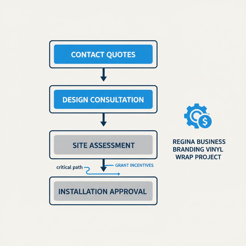 Vertical process flow diagram for vinyl wrap projects in Regina with four stages from contact to installation.