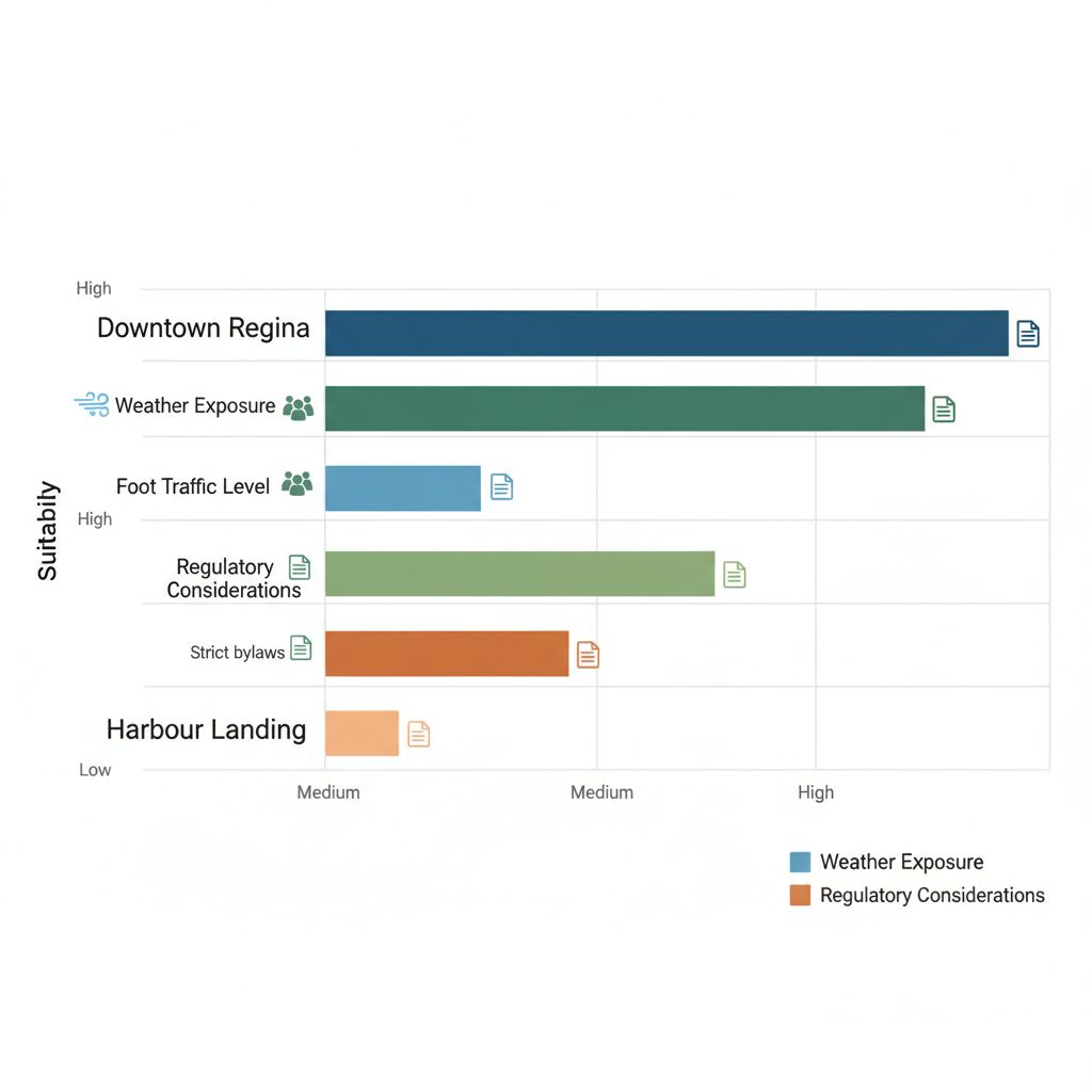 Horizontal bar chart comparing weather exposure, foot traffic, and regulatory considerations for window signage in Downtown Regina, Cathedral, and Harbour Landing neighborhoods