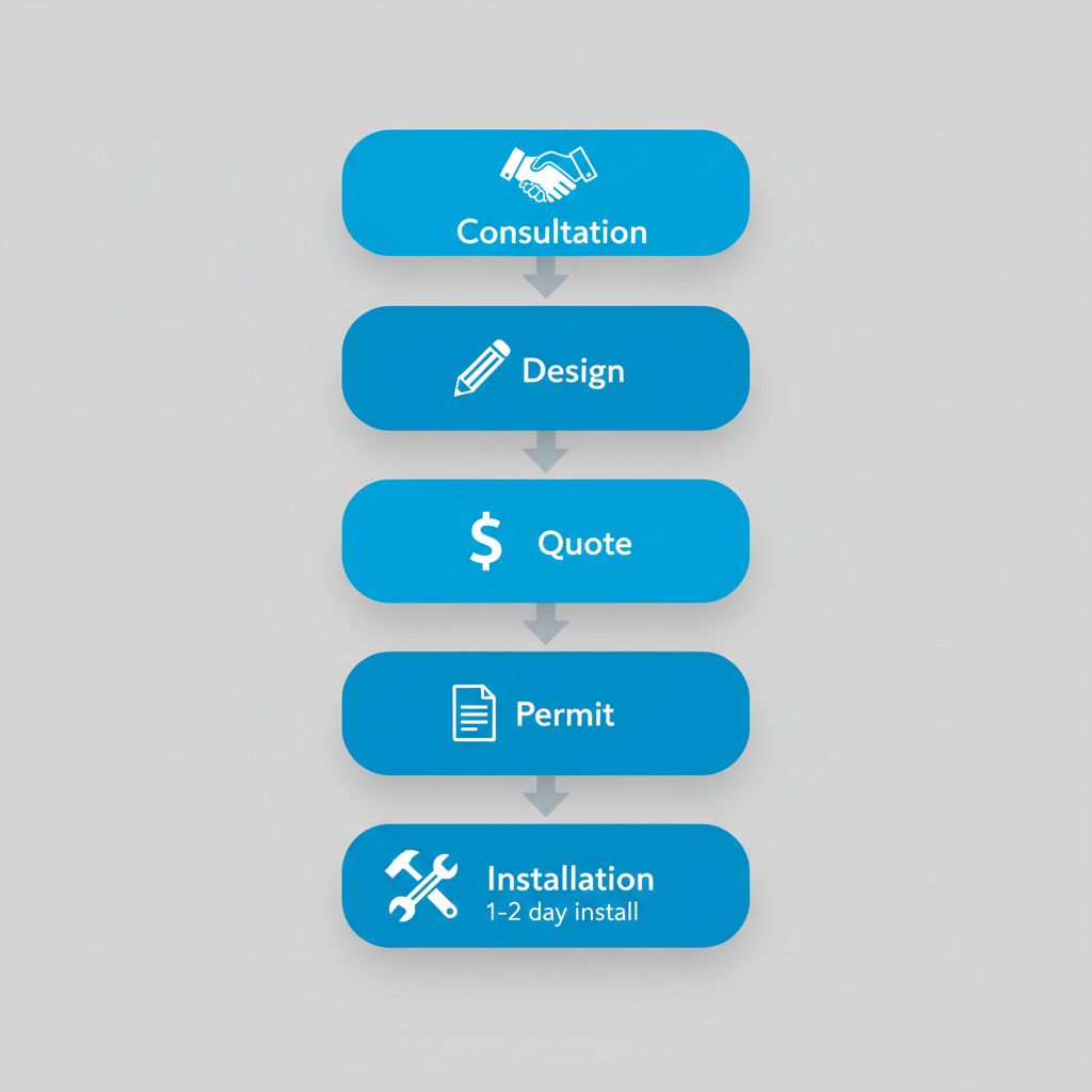 Vertical process flow illustrating five steps: consultation, design, quote, permit, and installation for window lettering services in Regina.
