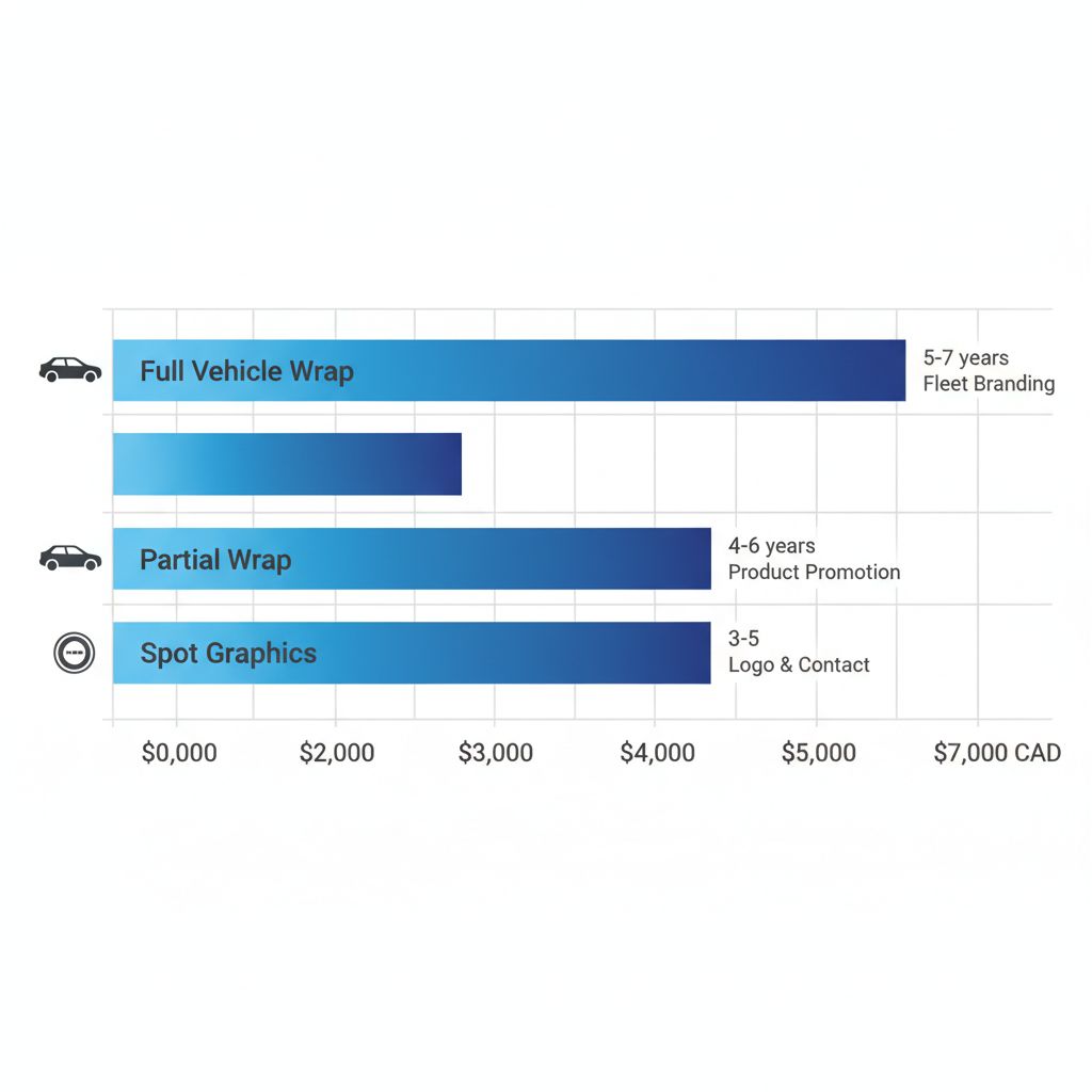 Horizontal bar chart comparing costs and durability of full, partial, and spot vehicle wraps for Regina businesses with icons.