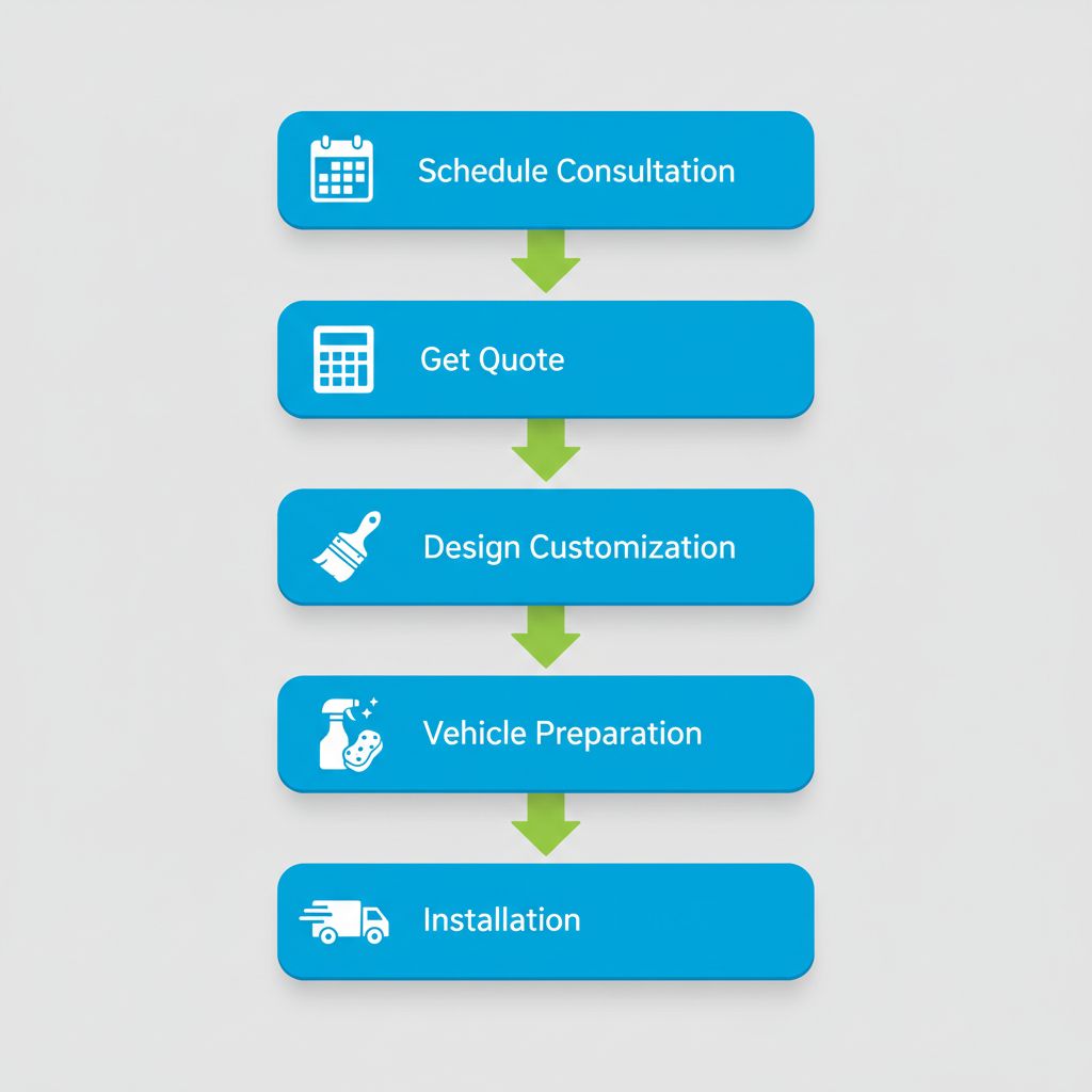 Vertical process flow illustrating the five key steps for starting vehicle wraps in Regina with icons and arrows