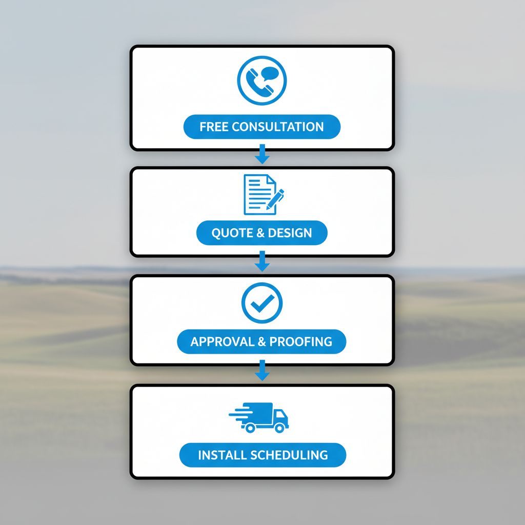 Vertical process flow illustrating four steps for starting a vinyl decal project: consultation, quote, design approval, and installation scheduling in Regina.