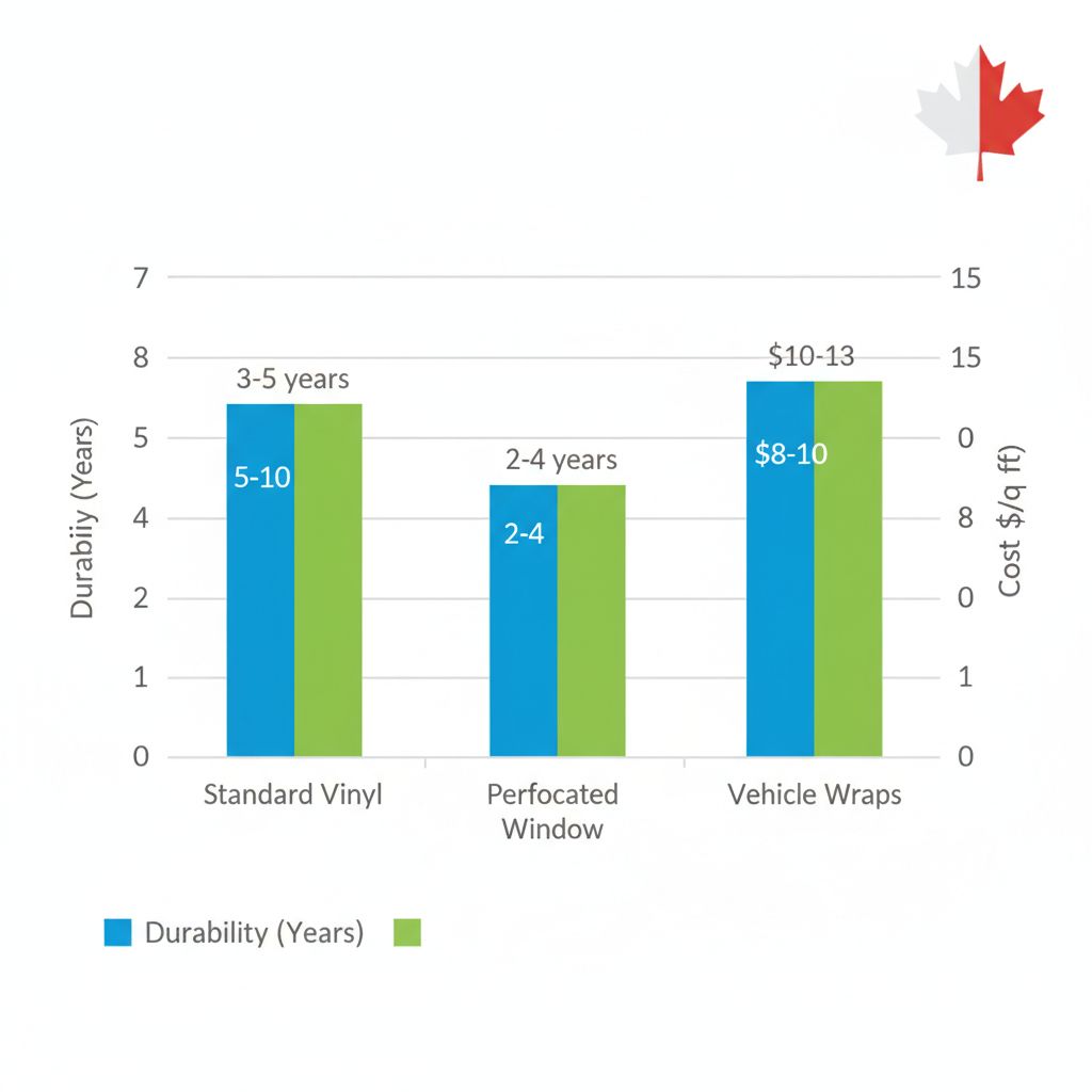 Bar chart comparing types of vinyl decals for businesses in Regina, showing durability and cost metrics