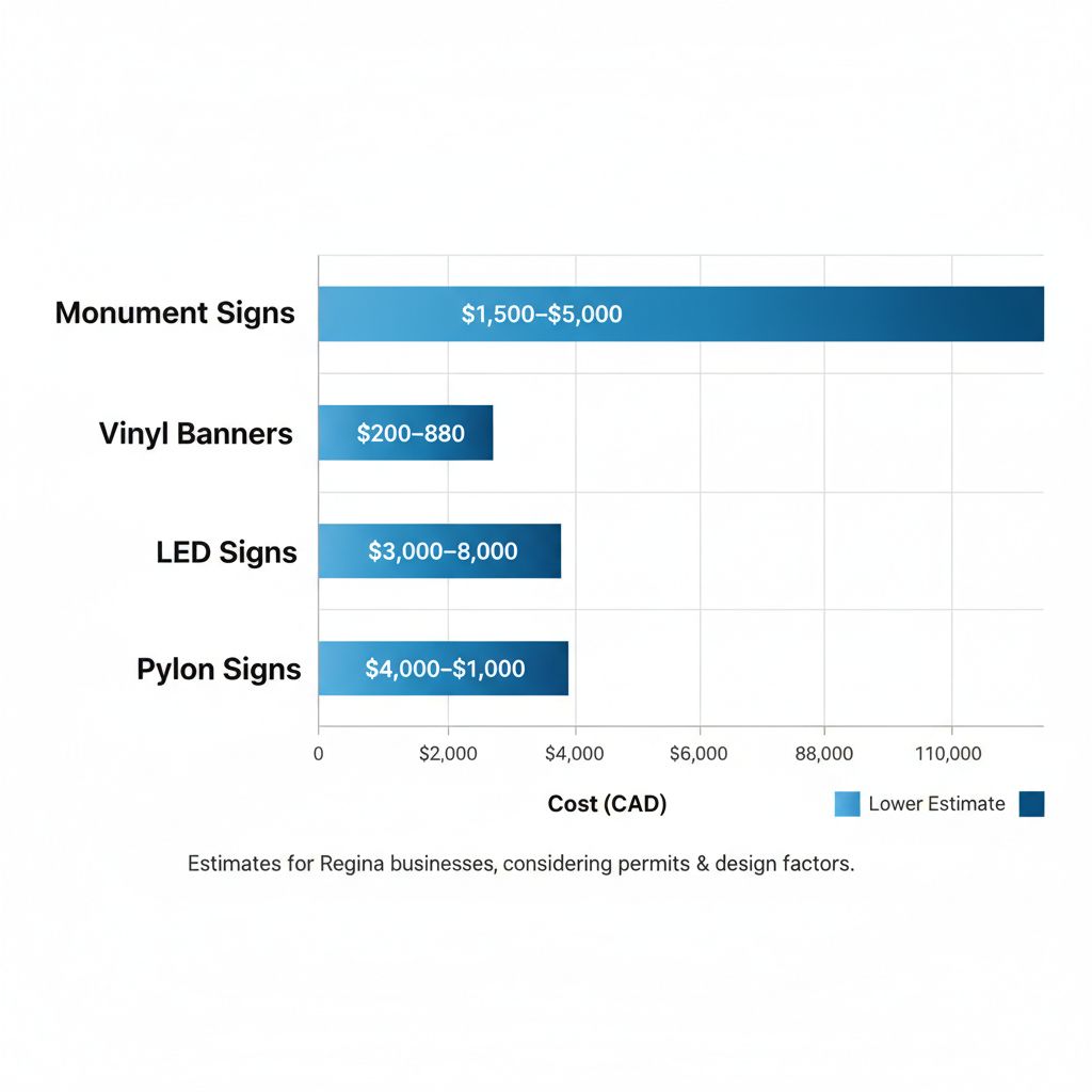 Horizontal bar chart illustrating estimated cost ranges in CAD for Monument Signs, Vinyl Banners, LED Signs, and Pylon Signs for Regina businesses, considering local permits and design factors.
