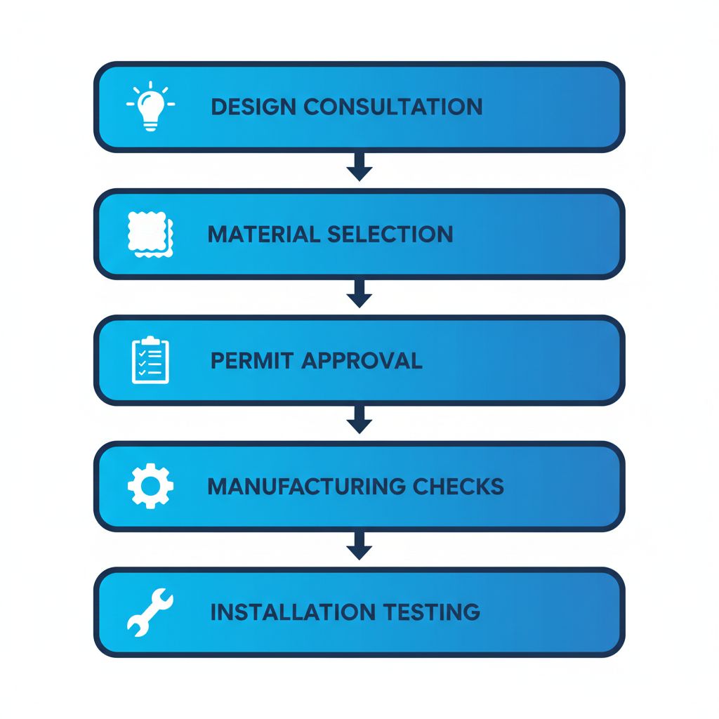 Vertical process flow diagram showing five steps to get exterior signs in Regina: design, materials, permits, manufacturing, and installation.