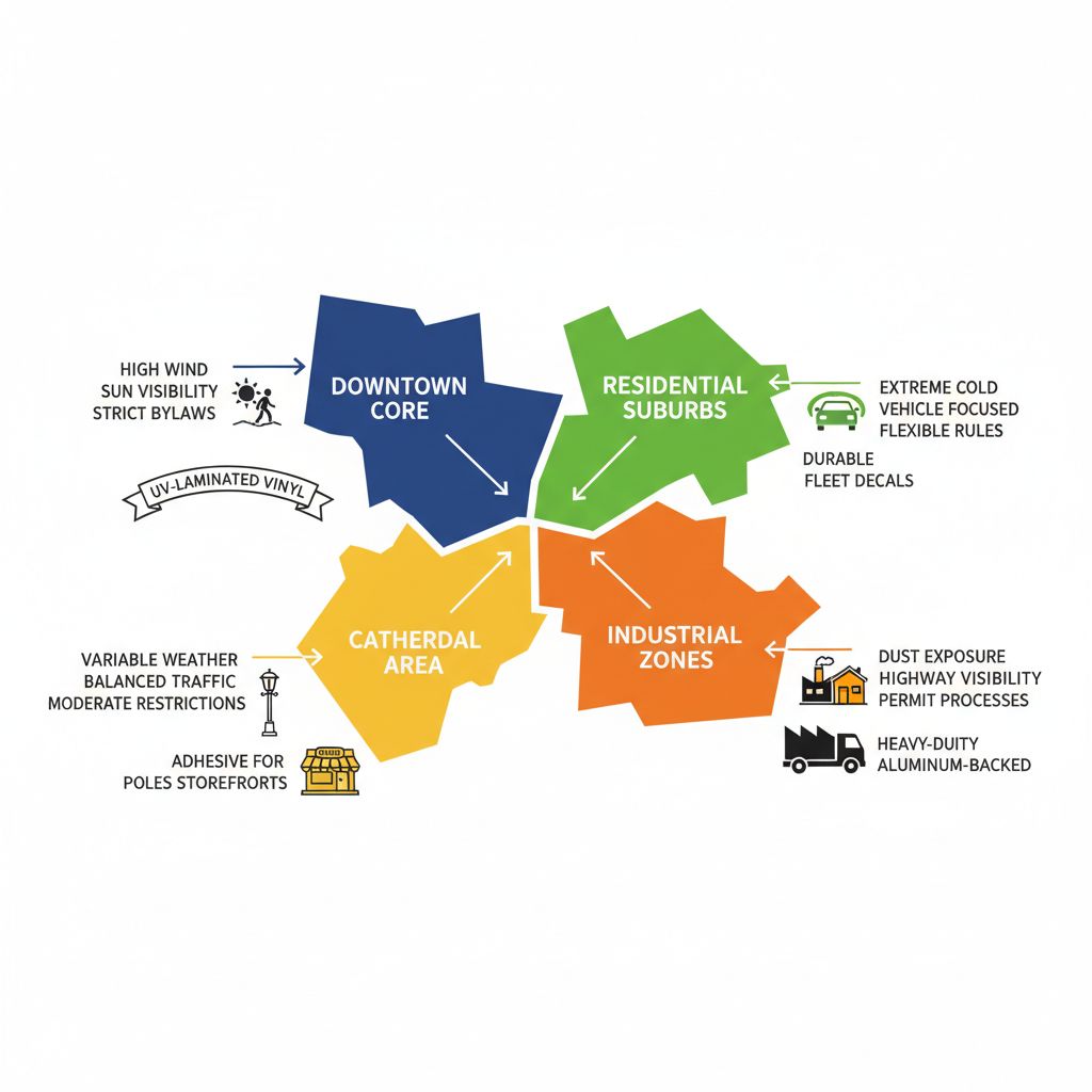 Infographic map of Regina divided into four signage zones highlighting environmental factors, visibility, bylaws, and material recommendations for custom decals.