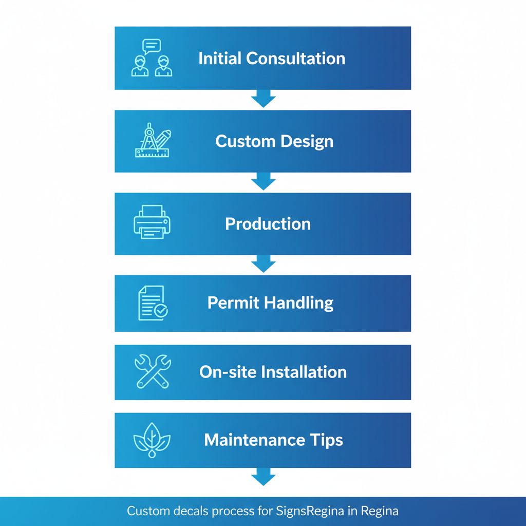 Vertical process flow diagram illustrating the six steps to get started with custom decals in Regina.