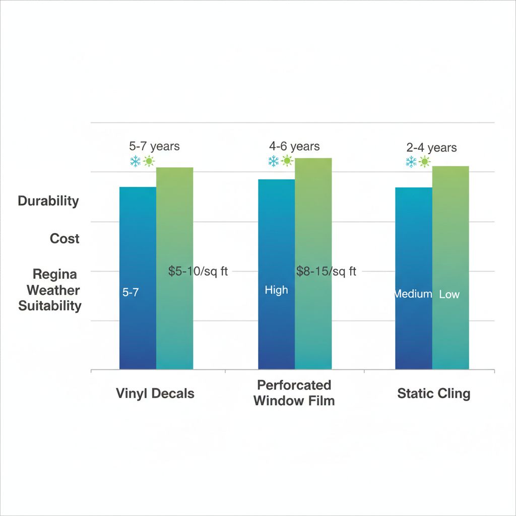 Grouped bar chart comparing durability, cost, and weather suitability of window sign materials for Regina climates.
