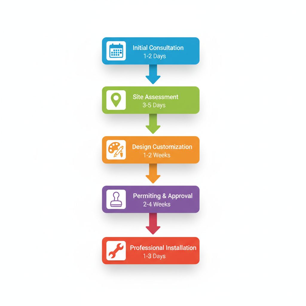 Vertical process flow diagram illustrating five steps for starting window sign projects in Regina: consultation, site assessment, design, permitting, and installation with icons and colors.