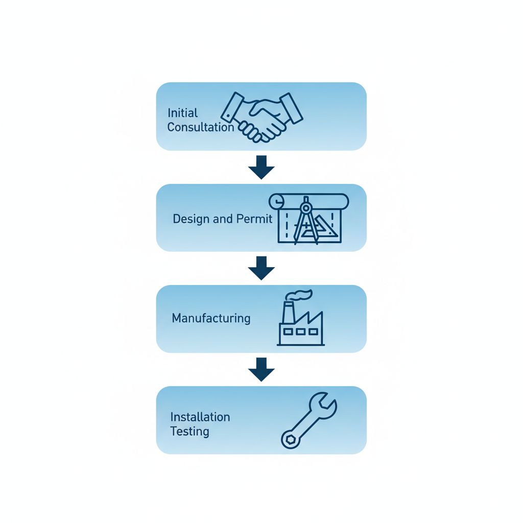 Vertical process flow diagram illustrating four key steps for obtaining and installing building signs: initial consultation with handshake icon, design and permit with blueprint icon, manufacturing with factory icon, installation and testing with wrench icon.