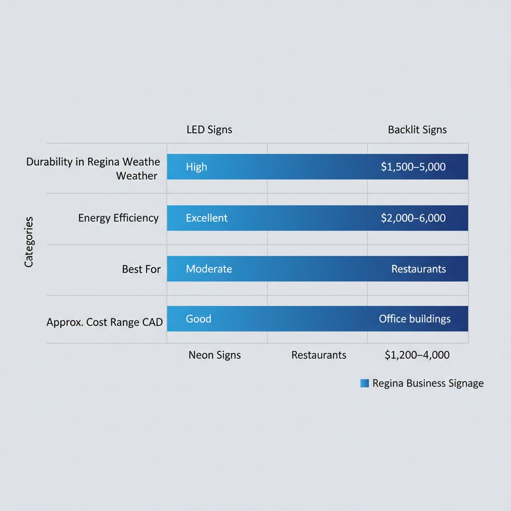 Horizontal bar chart comparing LED, Neon, and Backlit signs by durability, energy efficiency, best uses, and costs for Regina businesses.