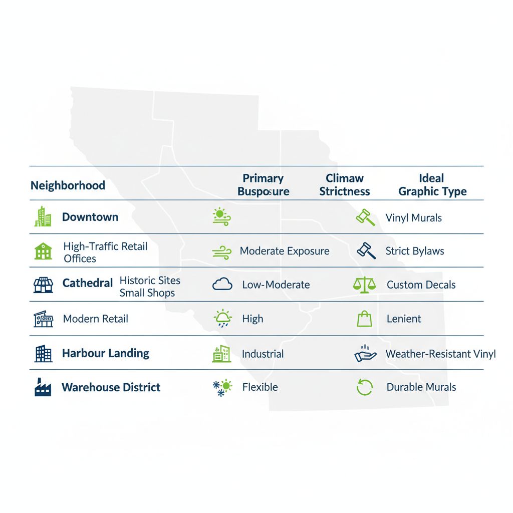 Infographic table comparing wall graphics applications in Regina neighborhoods including Downtown, Cathedral, Harbour Landing, and Warehouse District.