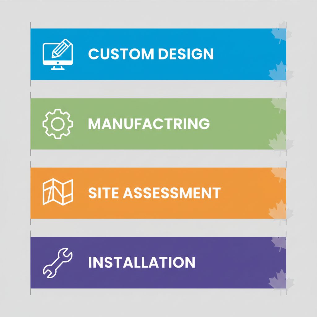 Vertical process flow diagram illustrating the four main stages of storefront sign services for Regina businesses, from custom design to installation.
