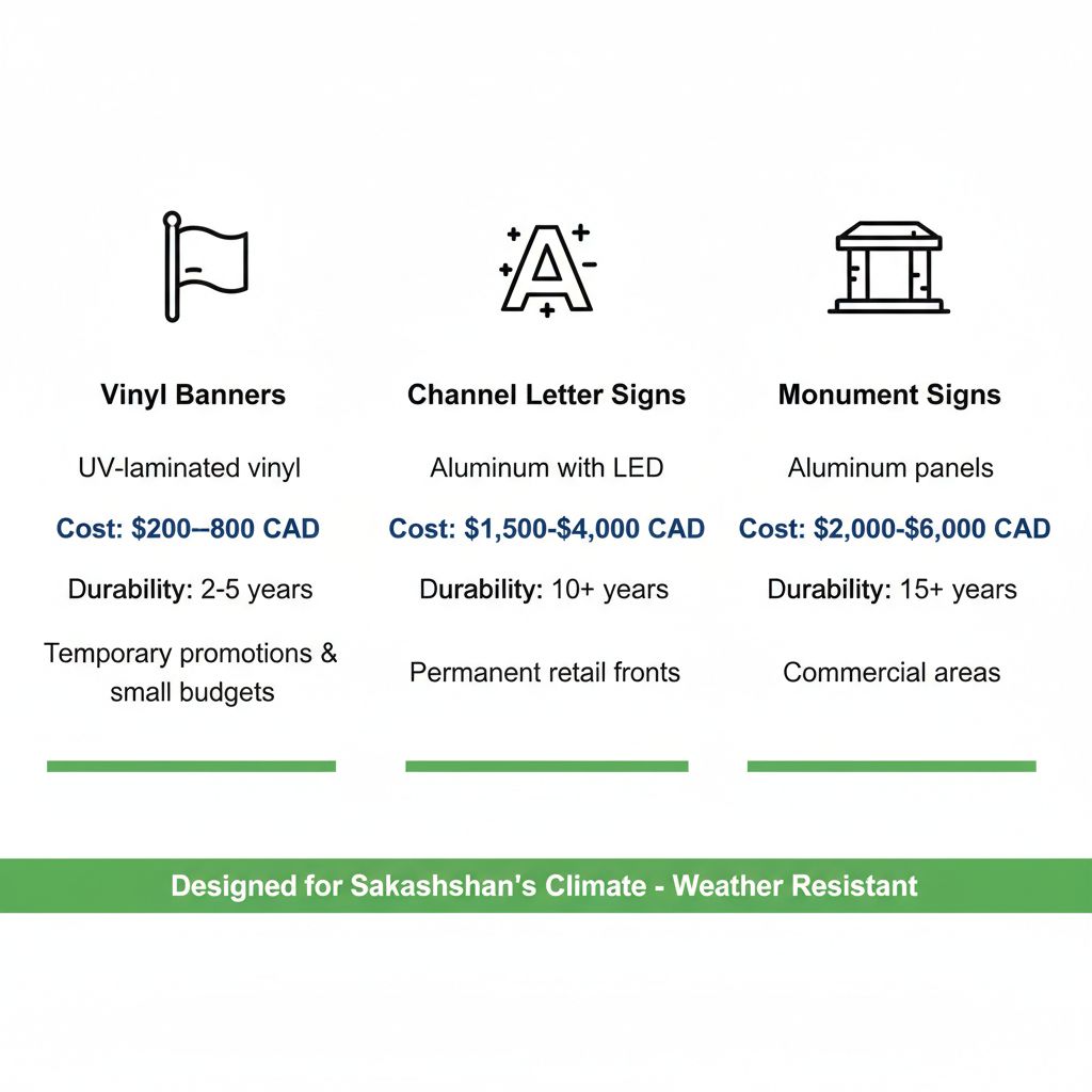 Infographic comparing vinyl banners, channel letter signs, and monument signs for Regina storefronts, highlighting costs, durability, and suitability.