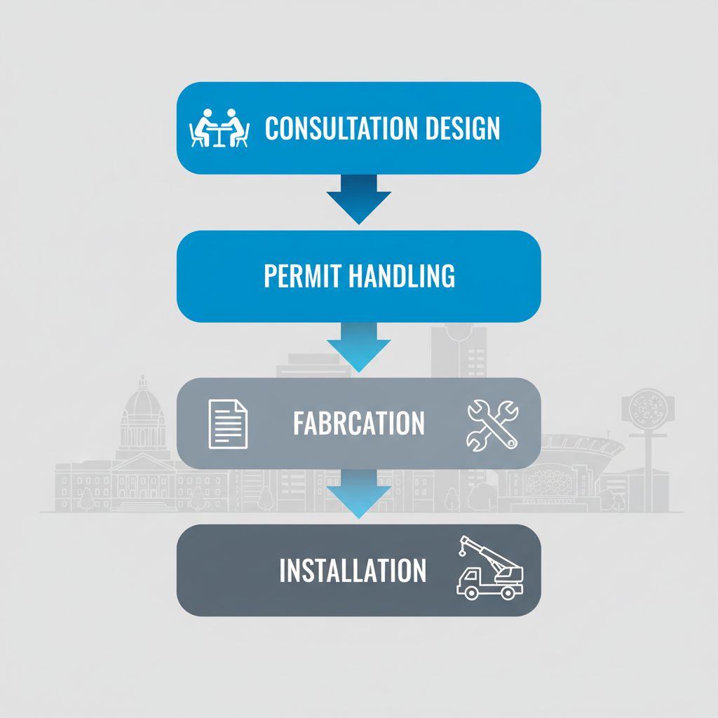 Vertical process flow diagram showing four stages for designing and installing a pylon sign in Regina
