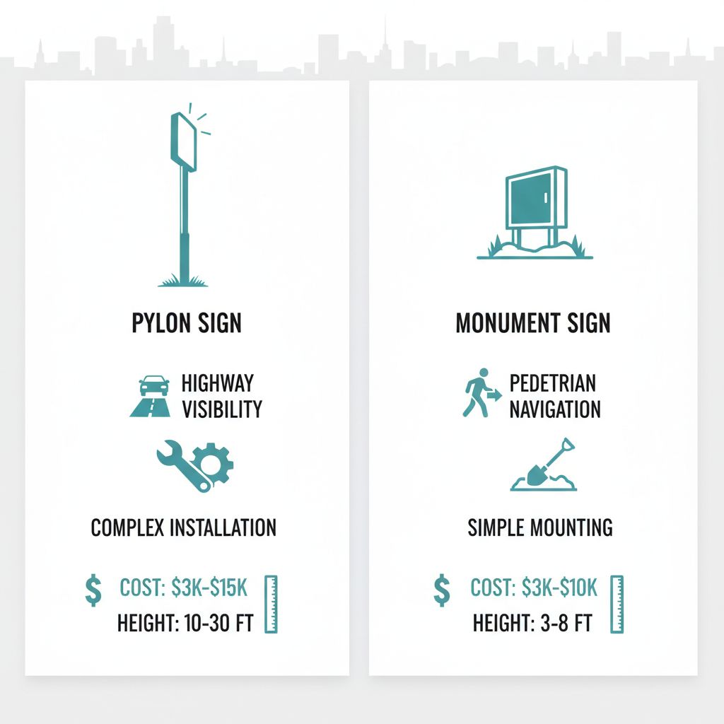 Infographic comparing pylon and monument signs, showing heights, costs, installation, and best uses for Regina businesses