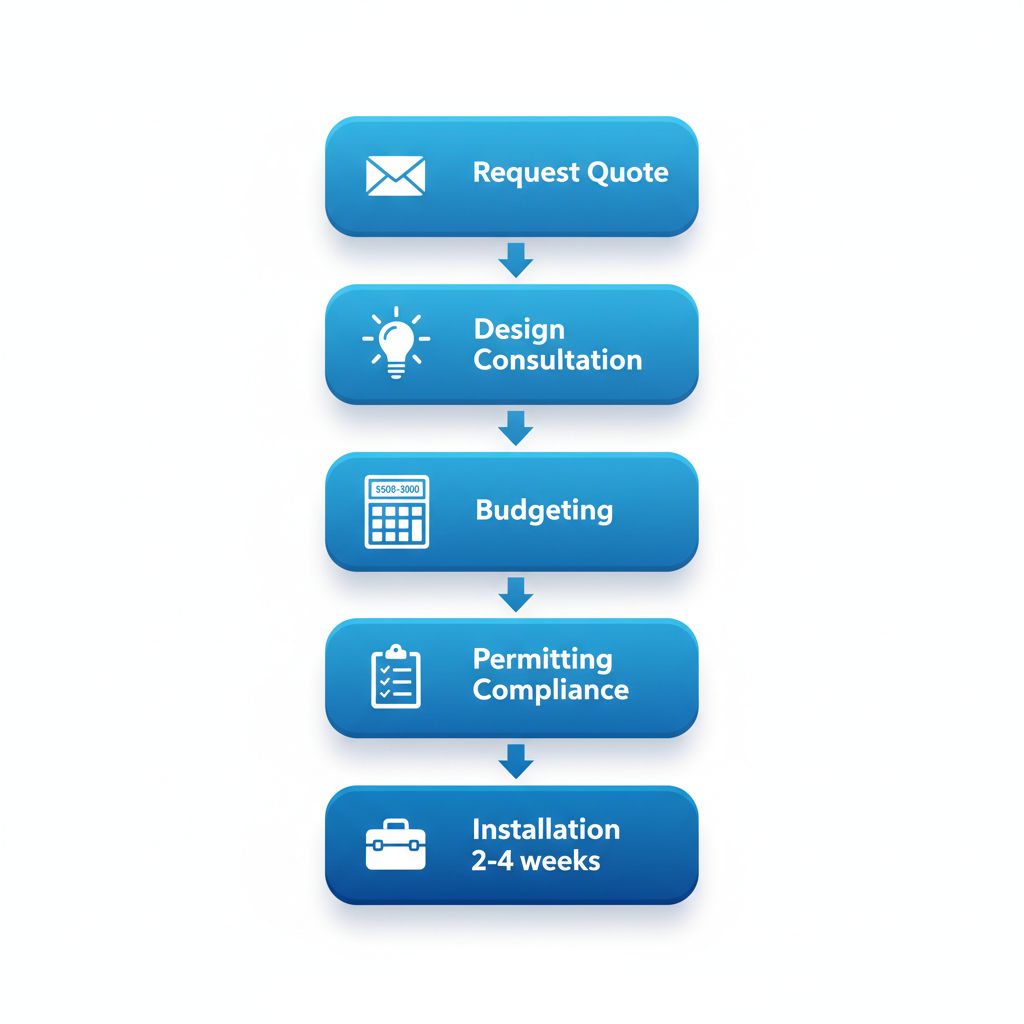 Vertical flowchart illustrating the process flow for starting a shop sign project in Regina, featuring five stages from quote request to installation with icons and budgeting details.