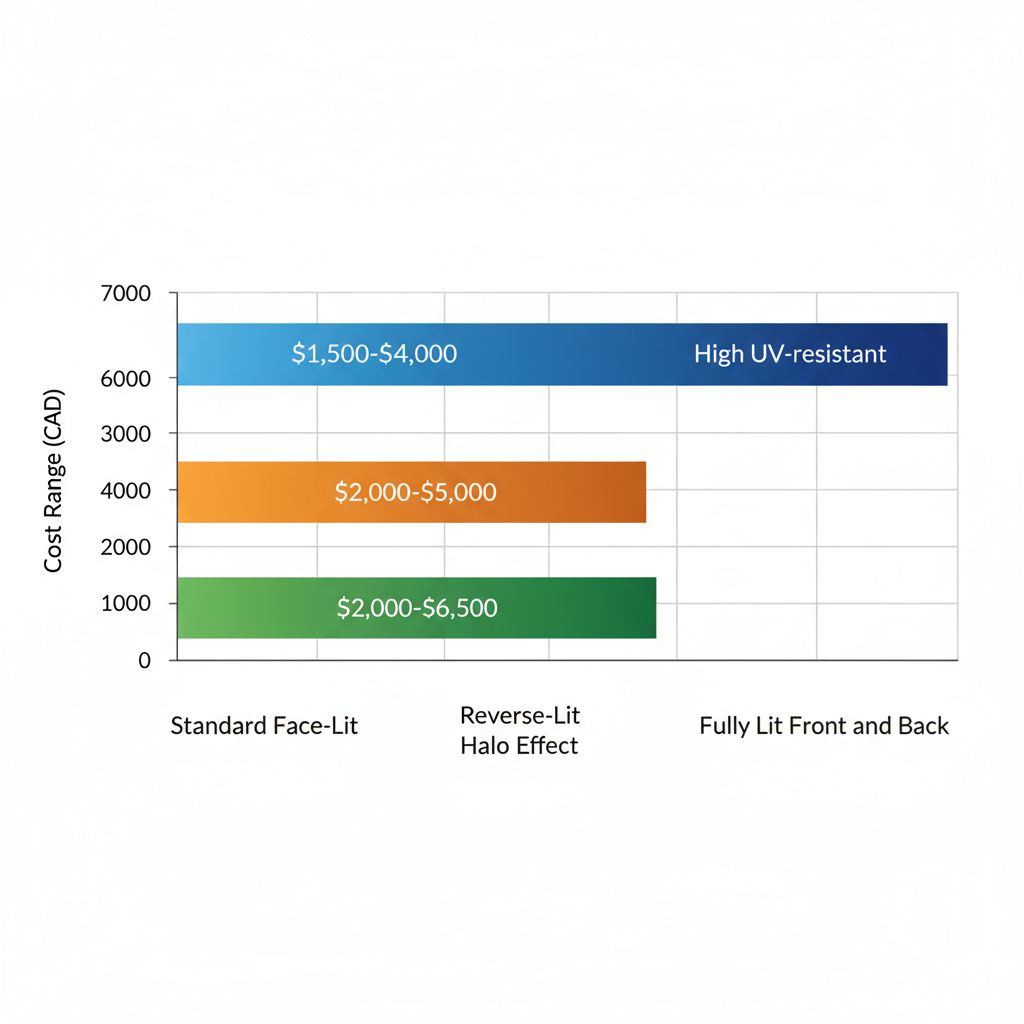 Horizontal bar chart showing cost comparisons and durability notes for channel letter sign types in Regina
