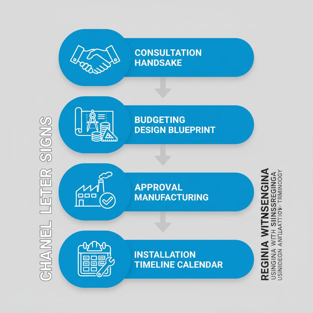 Vertical process flow diagram illustrating four steps for starting a channel letter sign project: consultation, budgeting and design, approval and manufacturing, installation and timeline.