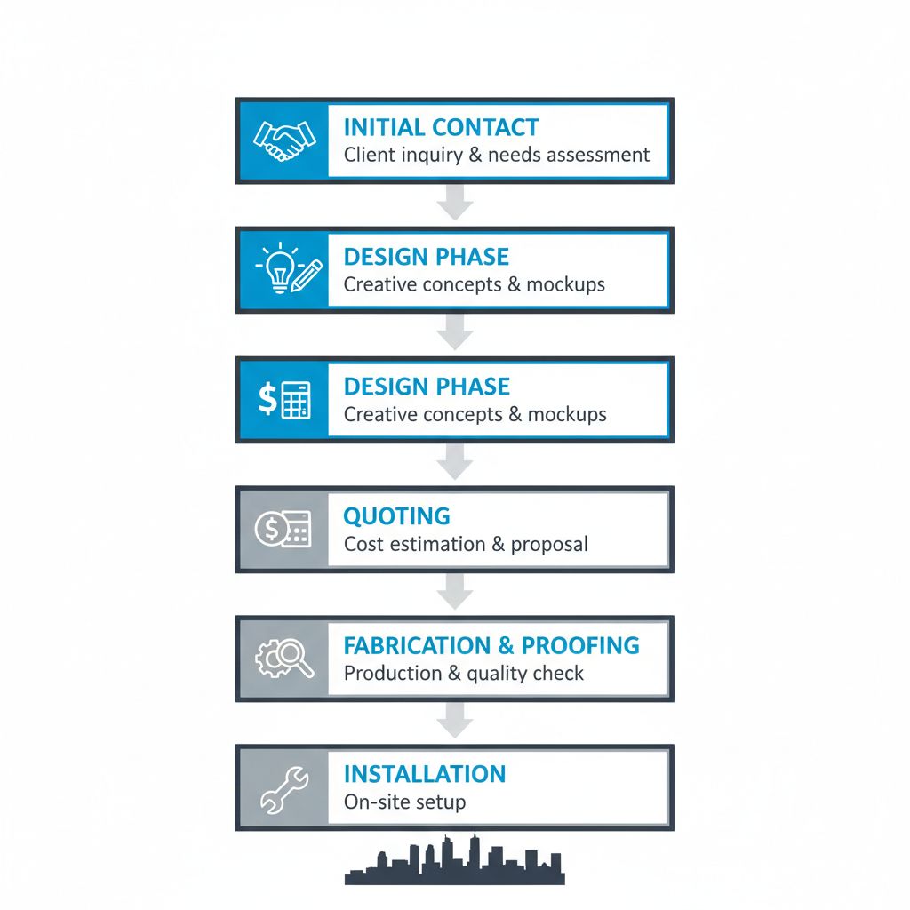 Vertical process flow diagram showing five stages of starting a custom printing project in Regina: initial contact, design phase, quoting, fabrication and proofing, installation.